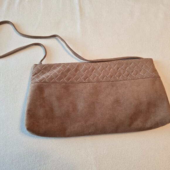Reva Vintage Tan Clutch UltraSuede Suede Faux Fabric Quilt Basket Weave Look GUC - Picture 1 of 16